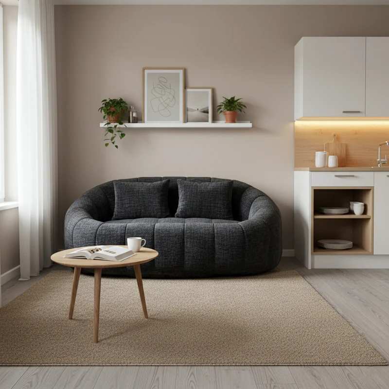 Canapé compact rond 2 places Loveseat en chenille noir anthracite et 2 cousins FISSURE