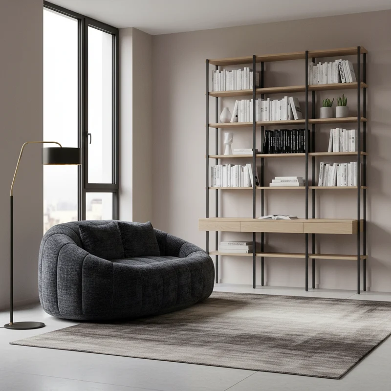 Canapé compact rond 2 places Loveseat en chenille noir anthracite et 2 cousins FISSURE