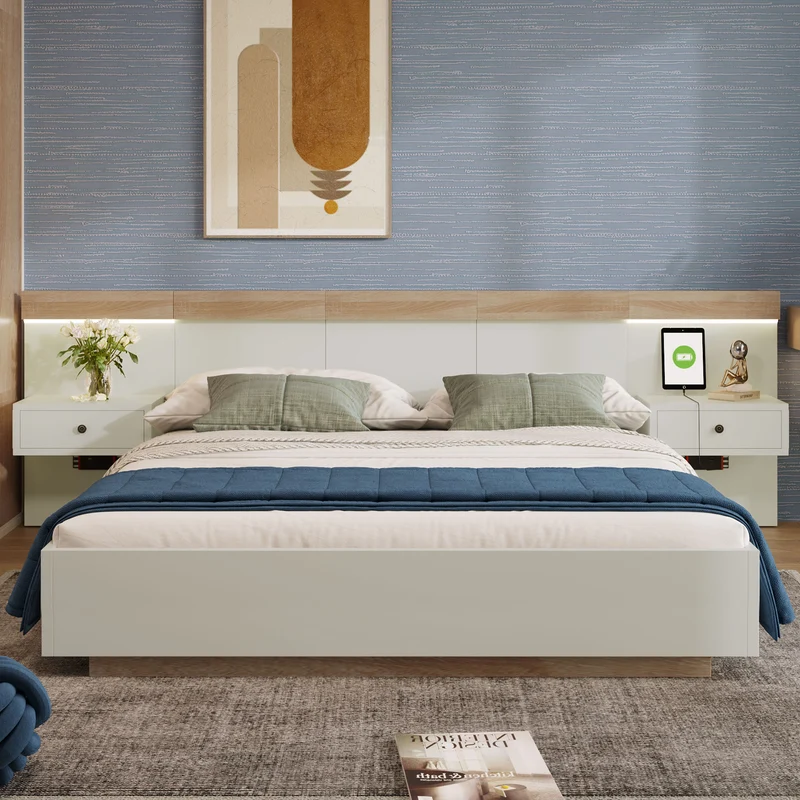 Ensemble de lit queen blanc et effet bois avec 2 tables de chevet, prise et lamps 160*200cm (matelas non inclus) CATALYST