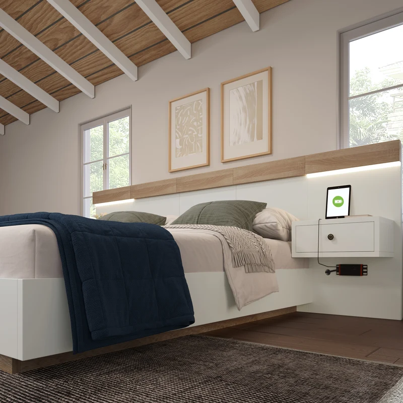 Ensemble de lit queen blanc et effet bois avec 2 tables de chevet, prise et lamps 160*200cm (matelas non inclus) CATALYST