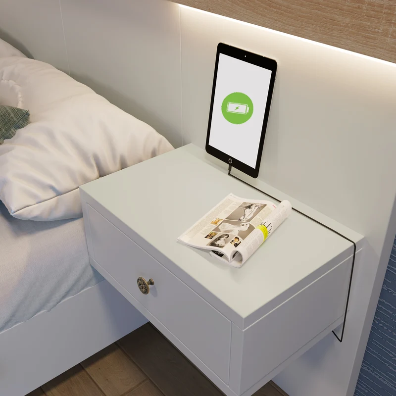 Ensemble de lit queen blanc et effet bois avec 2 tables de chevet, prise et lamps 160*200cm (matelas non inclus) CATALYST
