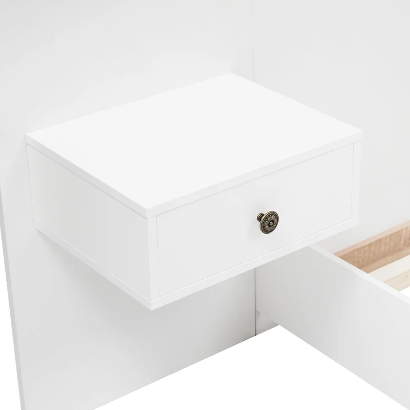 Ensemble de lit queen blanc et effet bois avec 2 tables de chevet, prise et lamps 160*200cm (matelas non inclus) CATALYST