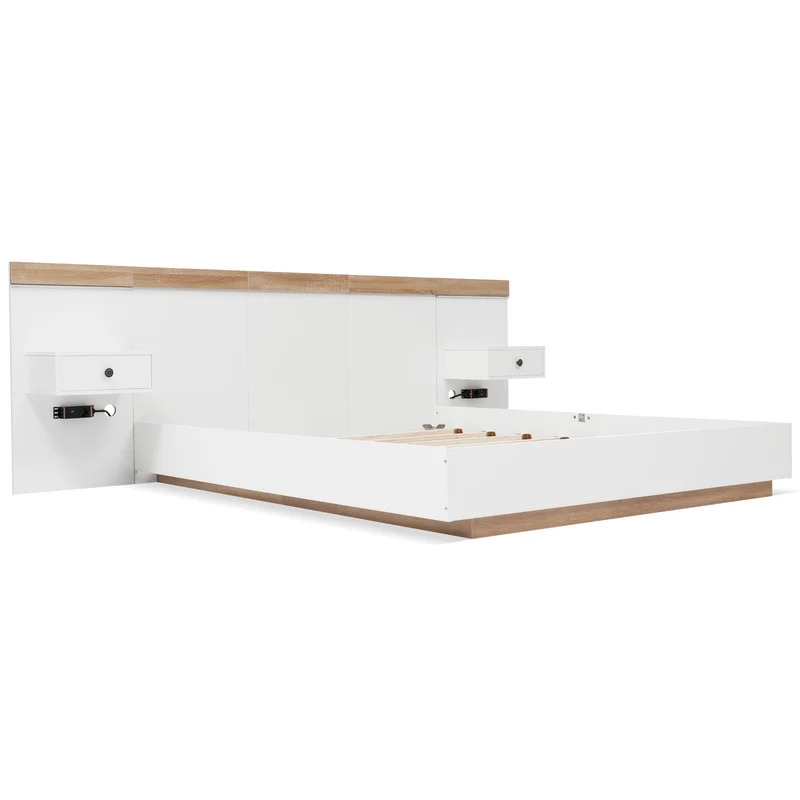 Ensemble de lit queen blanc et effet bois avec 2 tables de chevet, prise et lamps 160*200cm (matelas non inclus) CATALYST