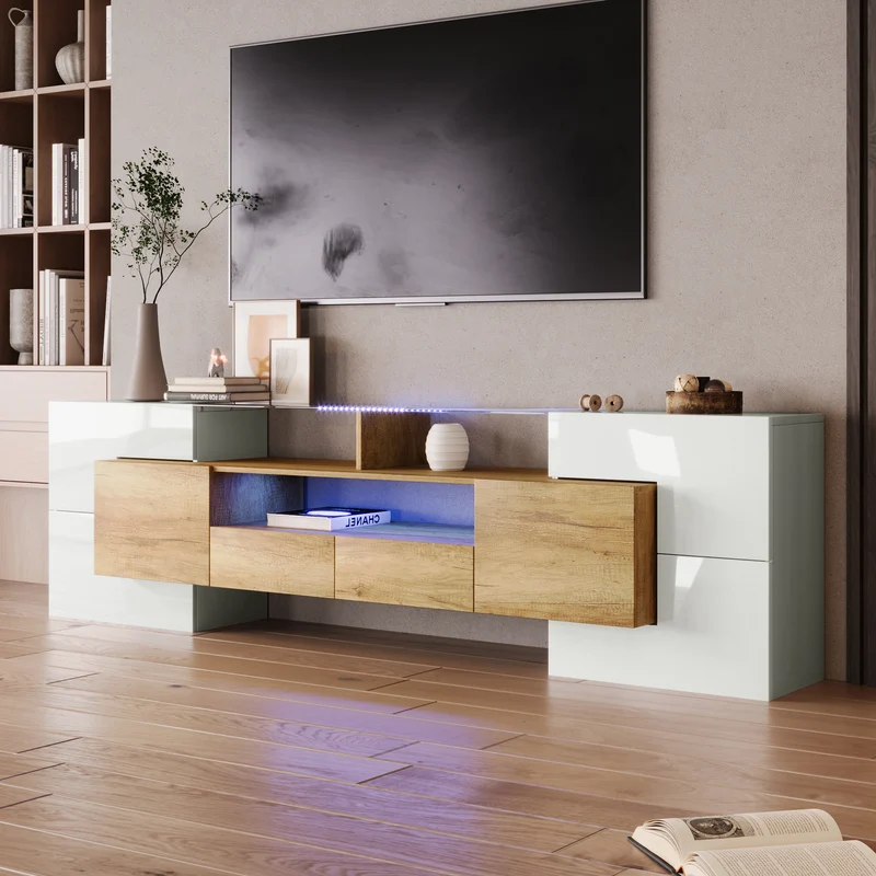 Meuble TV élégant blanc brillant éclairage LED, meuble de salon Design moderne surface en verre KARKRANS