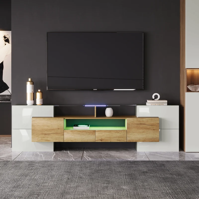Meuble TV élégant blanc brillant éclairage LED, meuble de salon Design moderne surface en verre KARKRANS