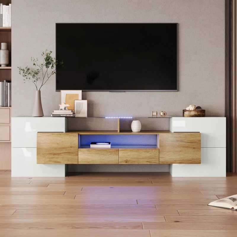 Meuble TV élégant blanc brillant éclairage LED, meuble de salon Design moderne surface en verre KARKRANS