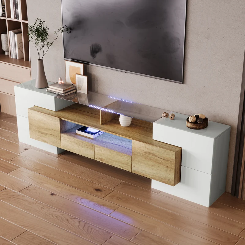 Meuble TV élégant blanc brillant éclairage LED, meuble de salon Design moderne surface en verre KARKRANS