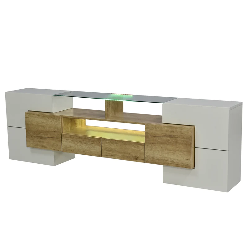 Meuble TV élégant blanc brillant éclairage LED, meuble de salon Design moderne surface en verre KARKRANS