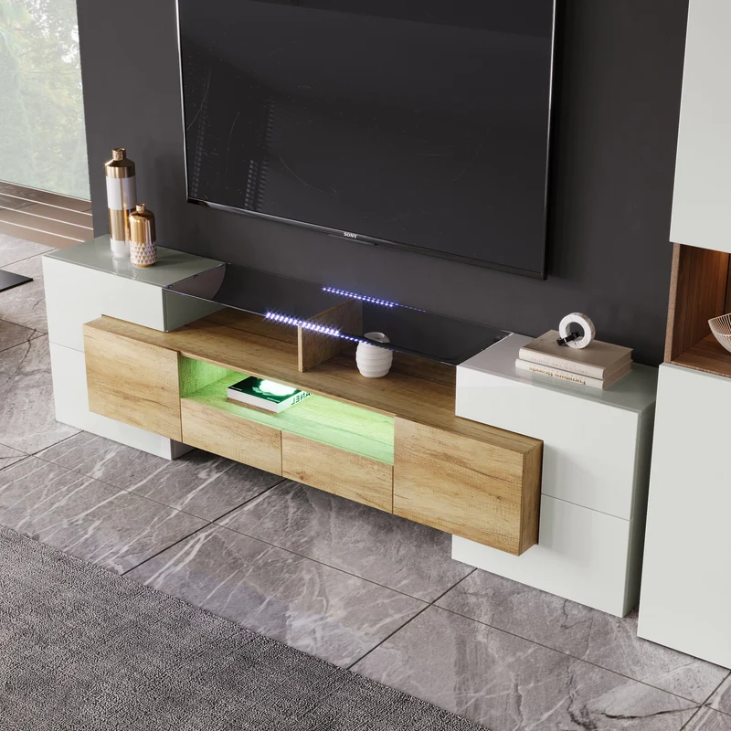 Meuble TV élégant blanc brillant éclairage LED, meuble de salon Design moderne surface en verre KARKRANS
