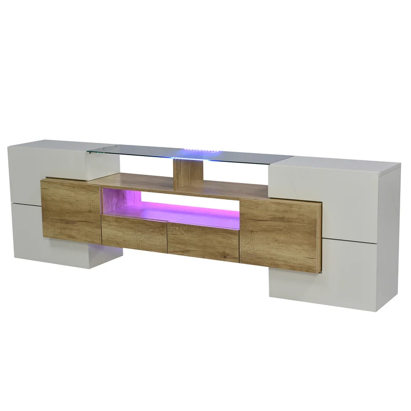 Meuble TV élégant blanc brillant éclairage LED, meuble de salon Design moderne surface en verre KARKRANS