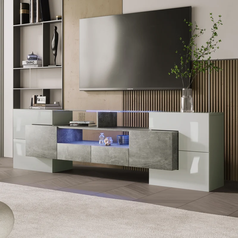 Meuble TV élégant blanc brillant et effet ciment éclairage LED surface en verre STOTTIN