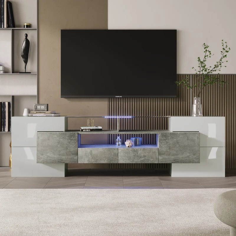 Meuble TV élégant blanc brillant et effet ciment éclairage LED surface en verre STOTTIN