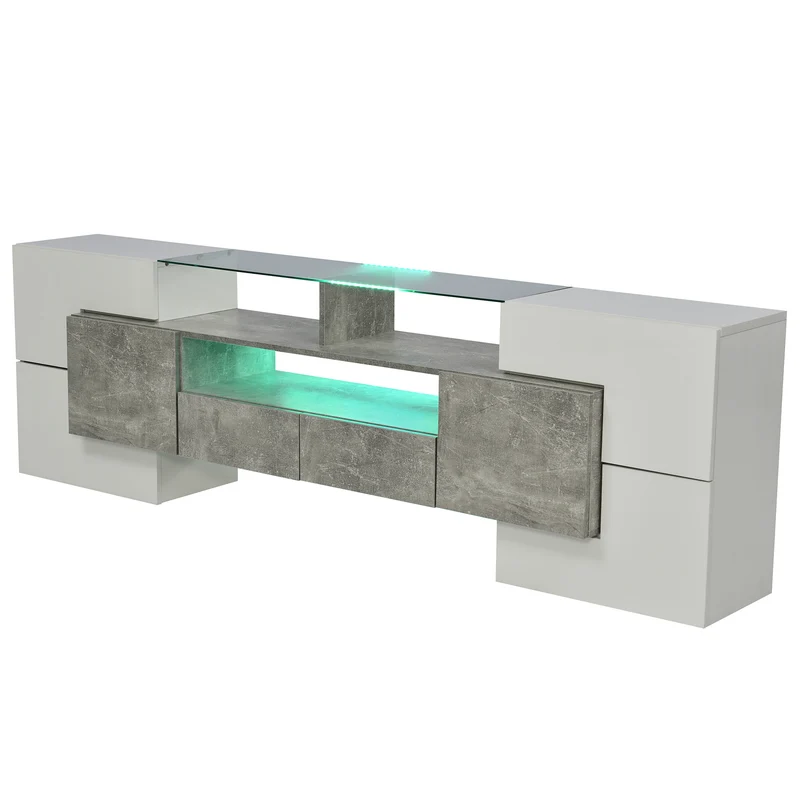 Meuble TV élégant blanc brillant et effet ciment éclairage LED surface en verre STOTTIN