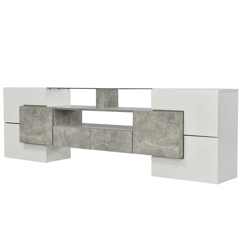 Meuble TV élégant blanc brillant et effet ciment éclairage LED surface en verre STOTTIN