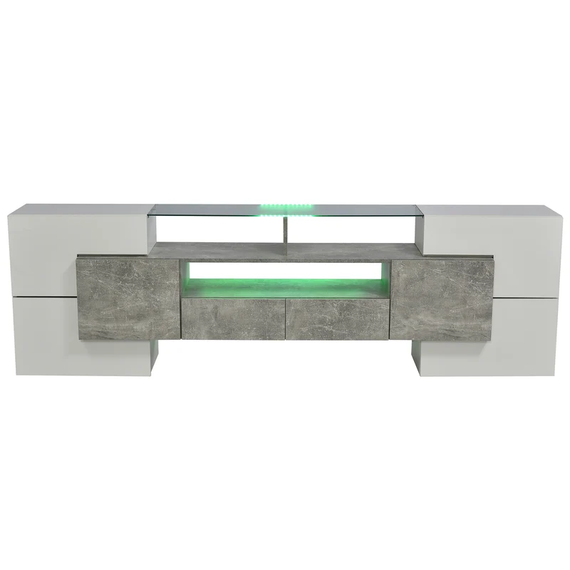 Meuble TV élégant blanc brillant et effet ciment éclairage LED surface en verre STOTTIN