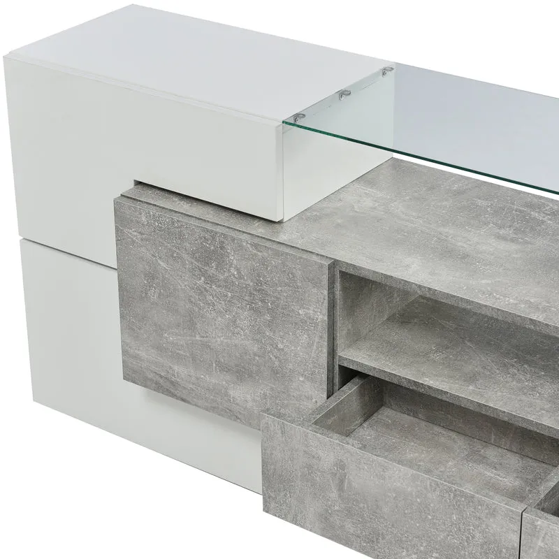 Meuble TV élégant blanc brillant et effet ciment éclairage LED surface en verre STOTTIN