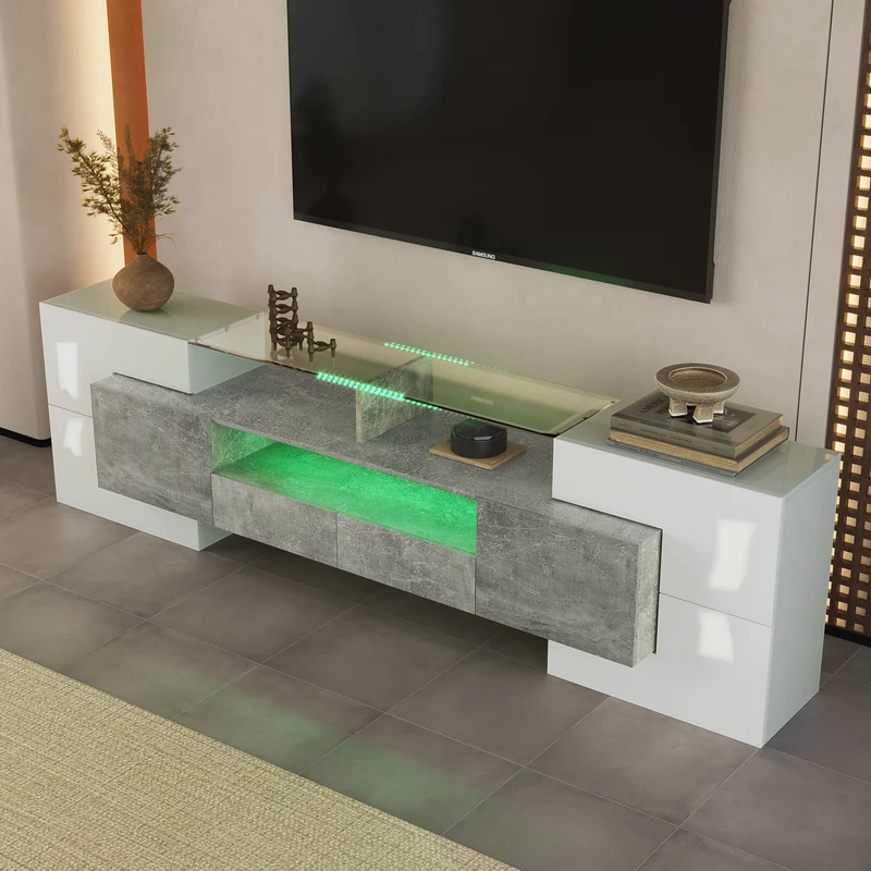 Meuble TV élégant blanc brillant et effet ciment éclairage LED surface en verre STOTTIN