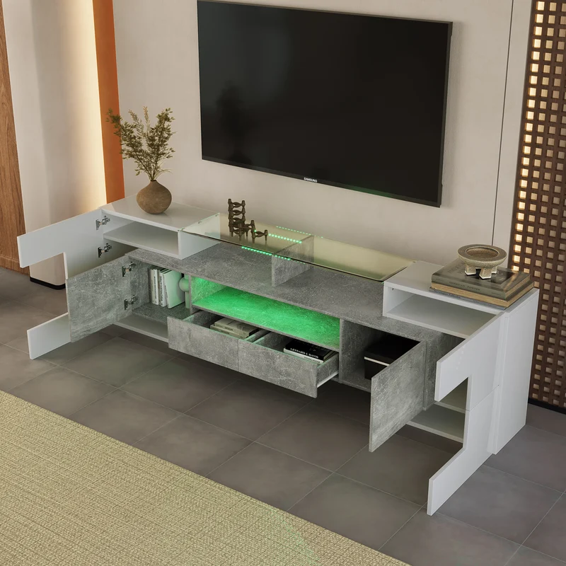 Meuble TV élégant blanc brillant et effet ciment éclairage LED surface en verre STOTTIN