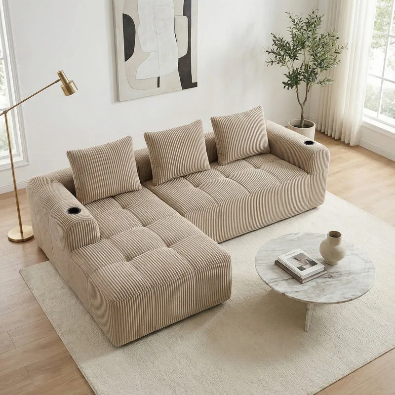Canapé modulaire compact en velours côtelé beige avec porte-gobelets et poches latérales - convertible 4 places avec 3 coussins inclus SLOUGHSLUDGE