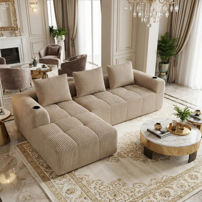 Canapé modulaire compact en velours côtelé beige avec porte-gobelets et poches latérales - convertible 4 places avec 3 coussins inclus SLOUGHSLUDGE