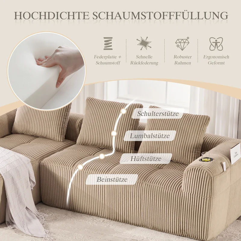 Canapé modulaire compact en velours côtelé beige avec porte-gobelets et poches latérales - convertible 4 places avec 3 coussins inclus SLOUGHSLUDGE