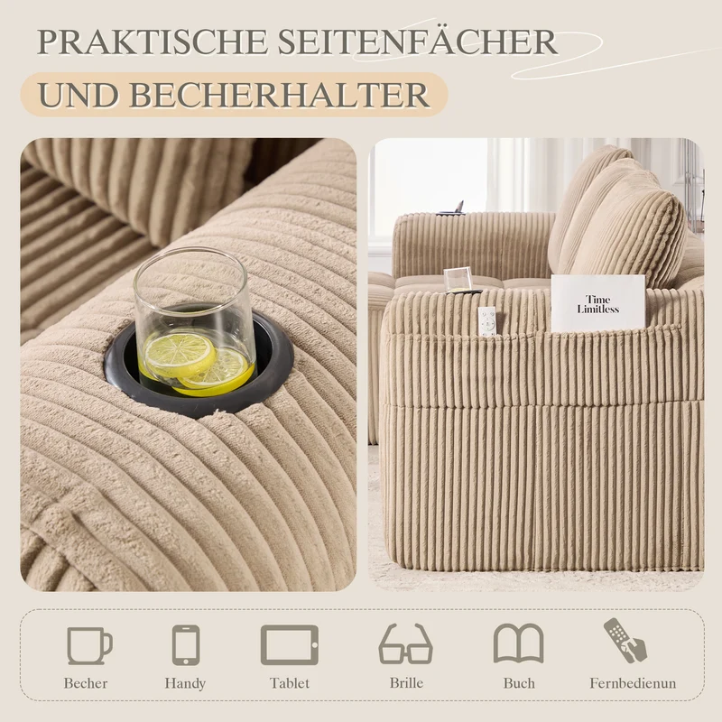 Canapé modulaire compact en velours côtelé beige avec porte-gobelets et poches latérales - convertible 4 places avec 3 coussins inclus SLOUGHSLUDGE