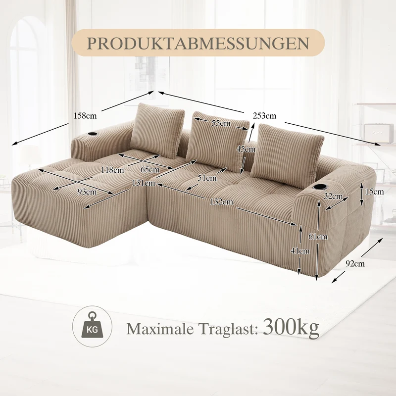 Canapé modulaire compact en velours côtelé beige avec porte-gobelets et poches latérales - convertible 4 places avec 3 coussins inclus SLOUGHSLUDGE