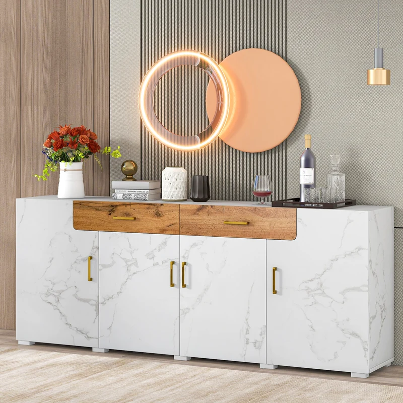 Buffet blanc effet marbre 4 portes 2 tiroirs 208x39,5x80cm ELAD