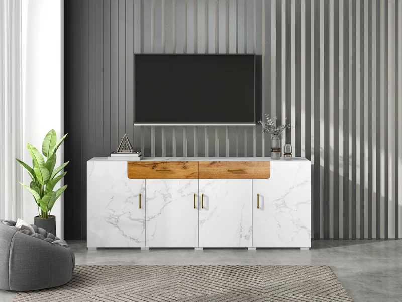Buffet blanc effet marbre 4 portes 2 tiroirs 208x39,5x80cm ELAD