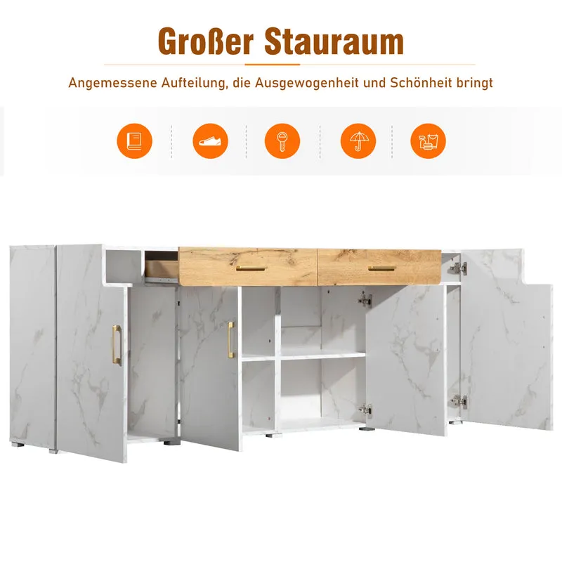 Buffet blanc effet marbre 4 portes 2 tiroirs 208x39,5x80cm ELAD