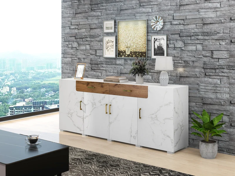 Buffet blanc effet marbre 4 portes 2 tiroirs 208x39,5x80cm ELAD