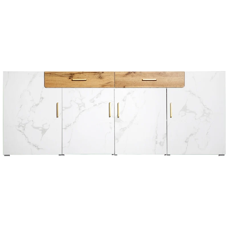 Buffet blanc effet marbre 4 portes 2 tiroirs 208x39,5x80cm ELAD