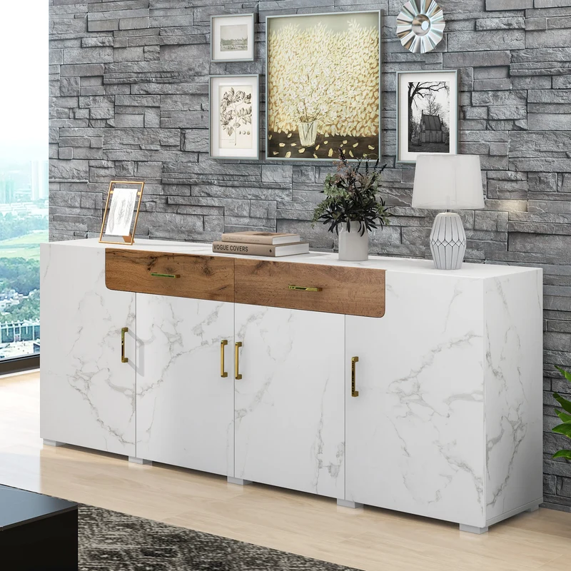 Buffet blanc effet marbre 4 portes 2 tiroirs 208x39,5x80cm ELAD