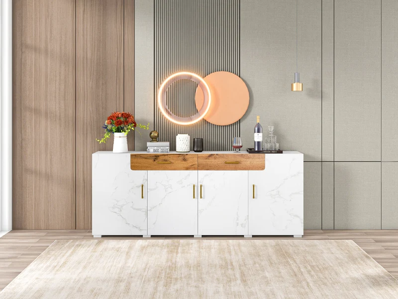 Buffet blanc effet marbre 4 portes 2 tiroirs 208x39,5x80cm ELAD