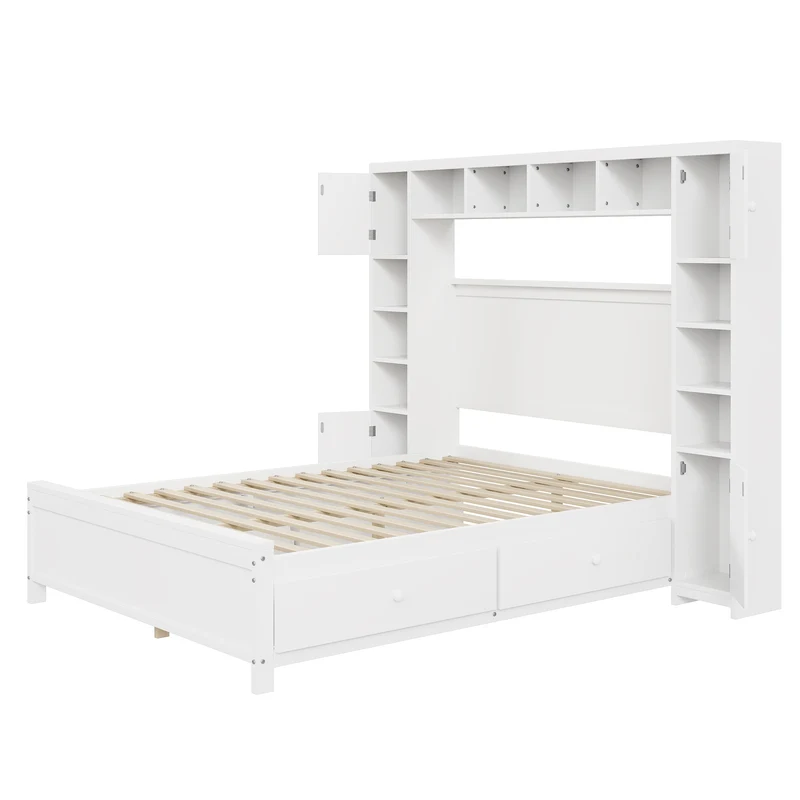 Cadre de lit double bois blanc avec étagère placard de rangement 4 tiroirs sommier à lattes 140*200 GUNKRIETS