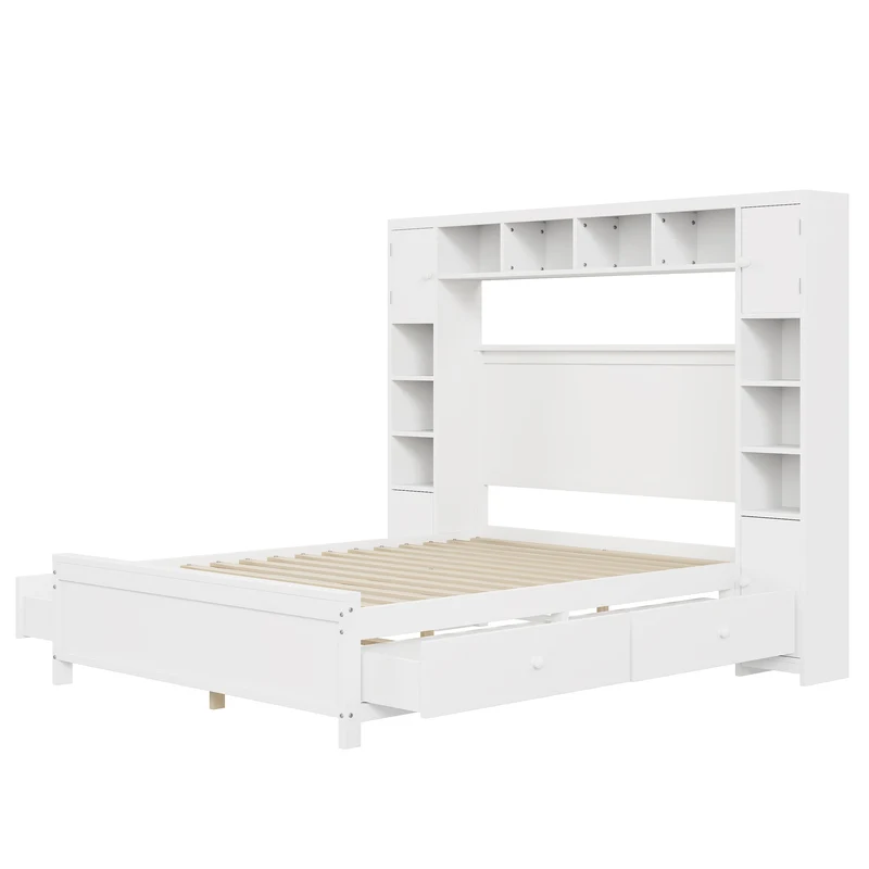 Cadre de lit double bois blanc avec étagère placard de rangement 4 tiroirs sommier à lattes 140*200 GUNKRIETS