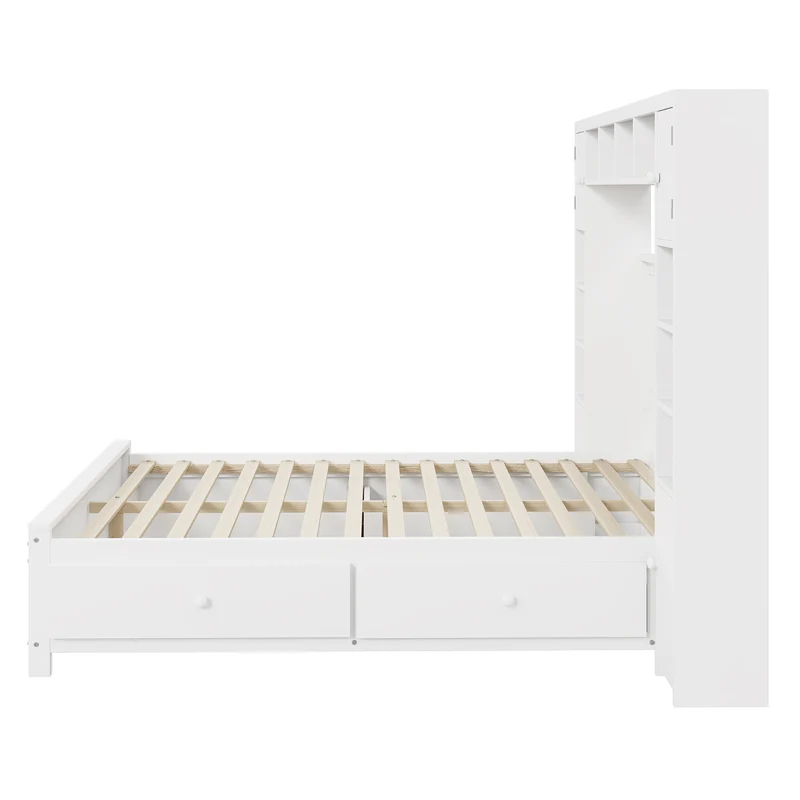 Cadre de lit double bois blanc avec étagère placard de rangement 4 tiroirs sommier à lattes 140*200 GUNKRIETS