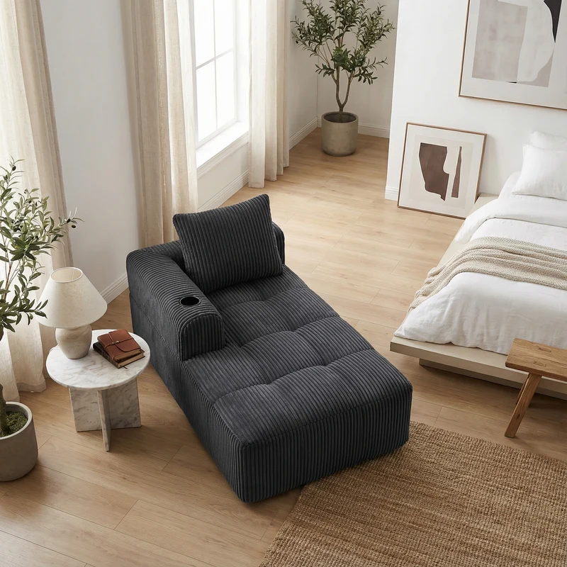 Méridienne droite en velours côtelé grise foncée modulable avec porte-gobelet et poche latérale CARDAMOMSEED