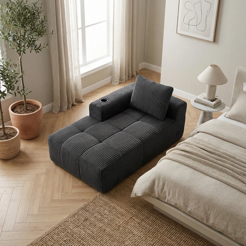 Méridienne droite en velours côtelé grise foncée modulable avec porte-gobelet et poche latérale CARDAMOMSEED