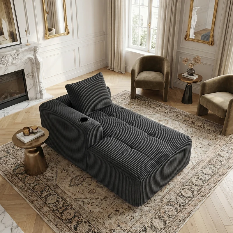 Méridienne droite en velours côtelé grise foncée modulable avec porte-gobelet et poche latérale CARDAMOMSEED