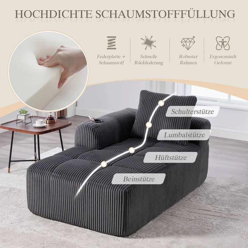 Méridienne droite en velours côtelé grise foncée modulable avec porte-gobelet et poche latérale CARDAMOMSEED