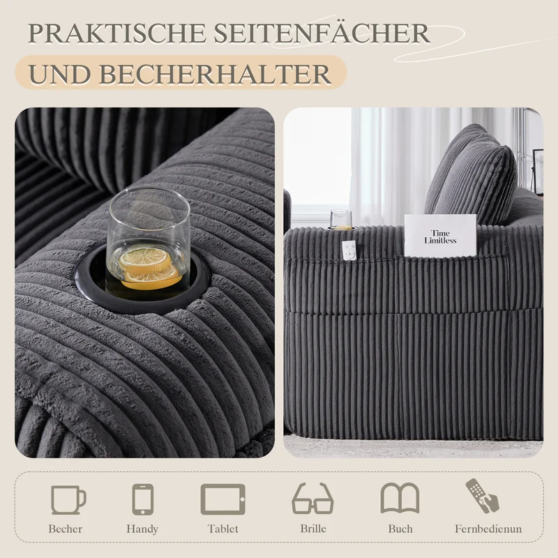 Canapé 2 places confortable en velours côtelé gris foncé sans montage avec porte-gobelet et poches latérales RESINBEAD