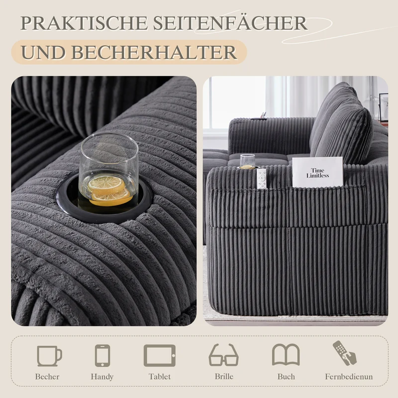 Canapé d'angle modulable en velours côtelé gris foncé – confort premium avec poches latérales et porte-gobelets GNIVATIONPATCH