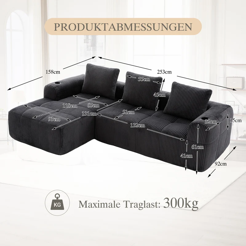 Canapé d'angle modulable en velours côtelé gris foncé – confort premium avec poches latérales et porte-gobelets GNIVATIONPATCH