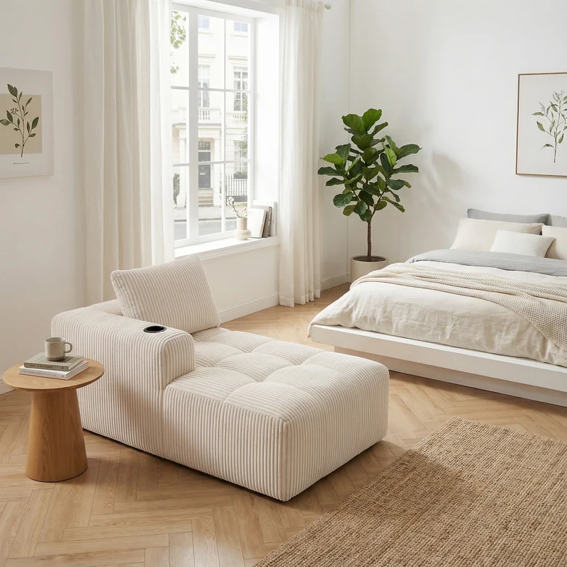 Méridienne droite en velours côtelé blanc cassé modulable avec porte-gobelet et poche latérale CYPRESSNODE