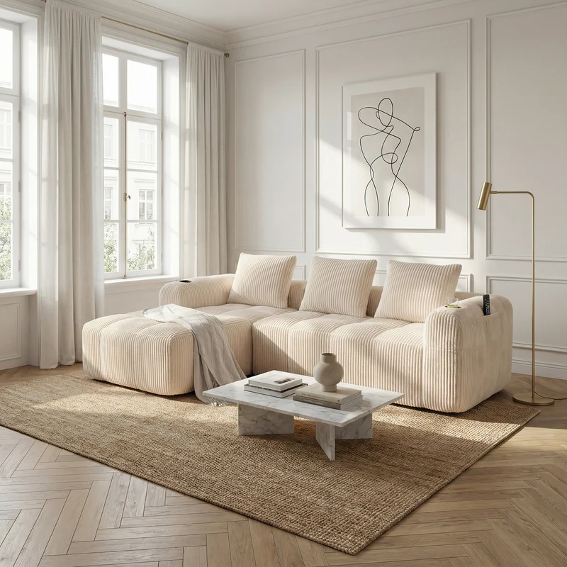 Canapé d'angle 3 places modulable en velours côtelé blanc cassé– confort premium, poches latérales et porte-gobelets ECLIPSEBAND