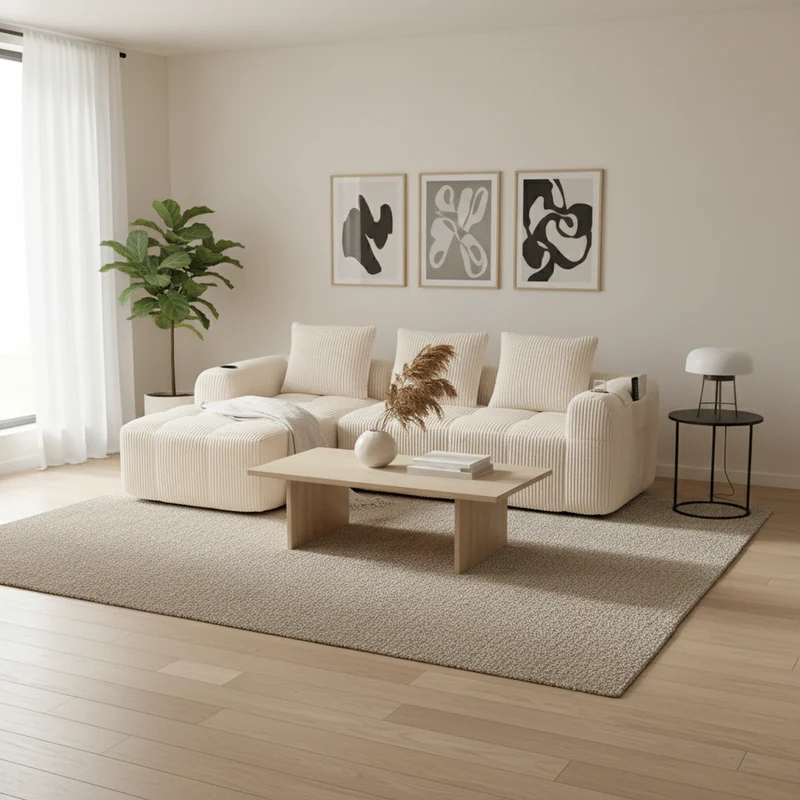 Canapé d'angle 3 places modulable en velours côtelé blanc cassé– confort premium, poches latérales et porte-gobelets ECLIPSEBAND