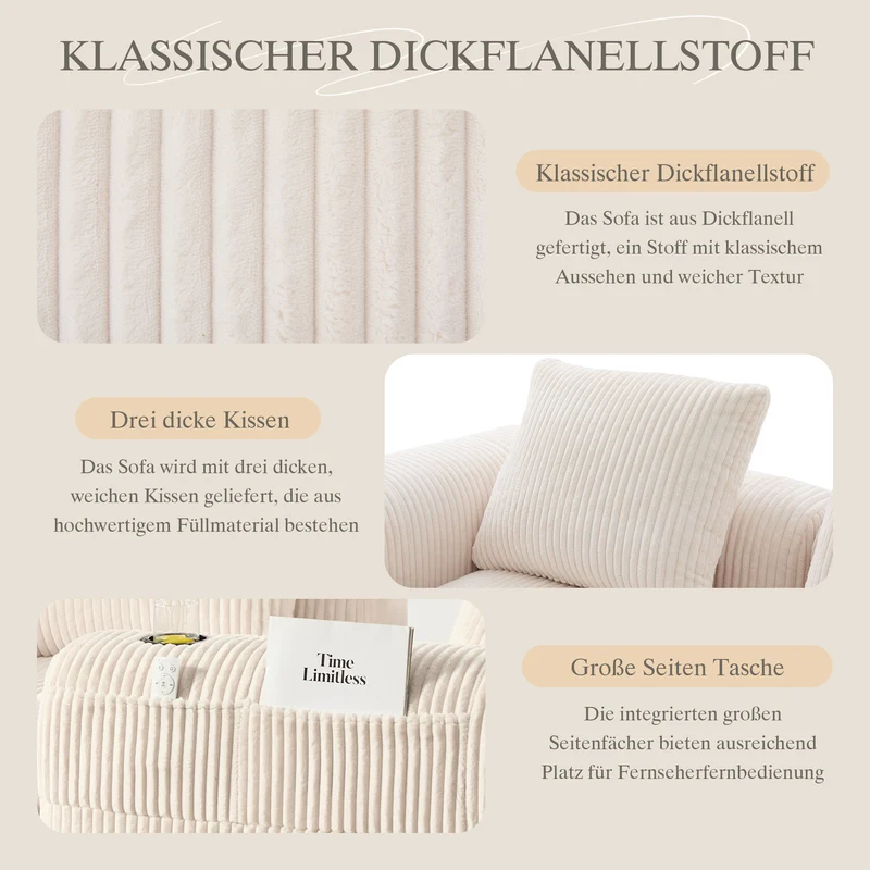 Canapé d'angle 3 places modulable en velours côtelé blanc cassé– confort premium, poches latérales et porte-gobelets ECLIPSEBAND