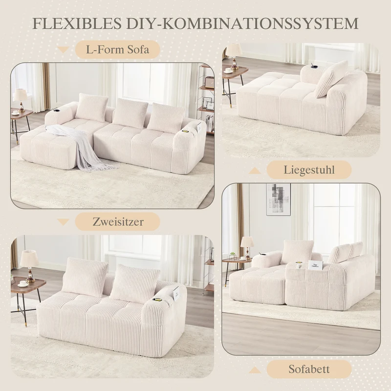 Canapé d'angle 3 places modulable en velours côtelé blanc cassé– confort premium, poches latérales et porte-gobelets ECLIPSEBAND