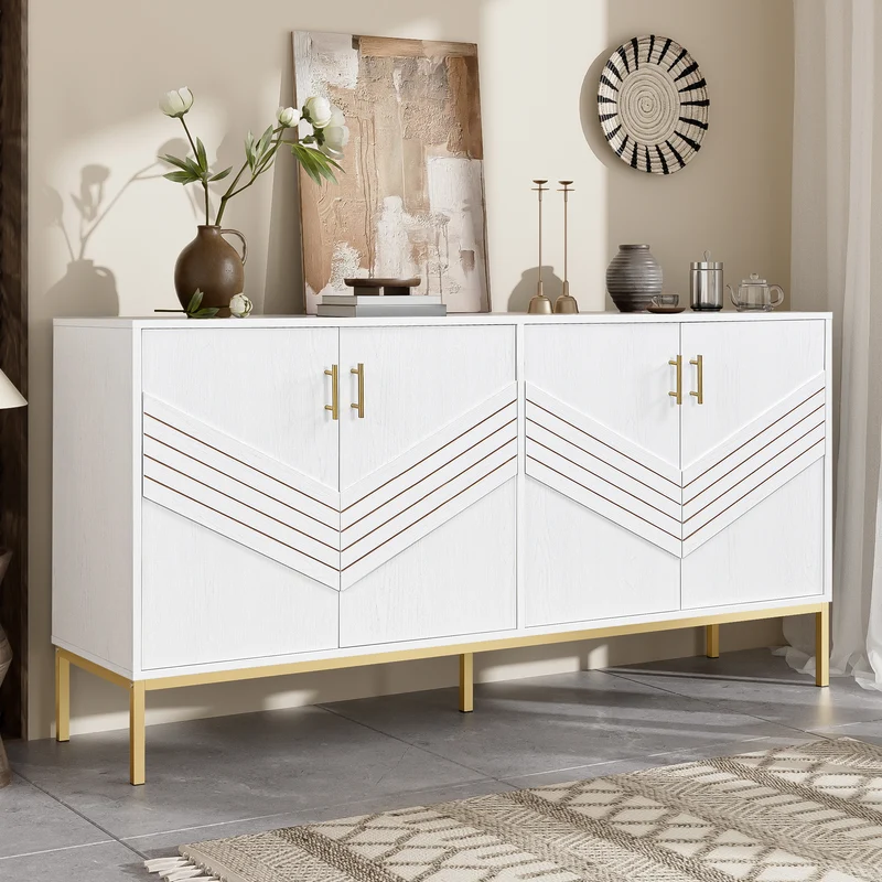 Buffet moderne blanc 4 portes texturés et accents dorés THRUKS